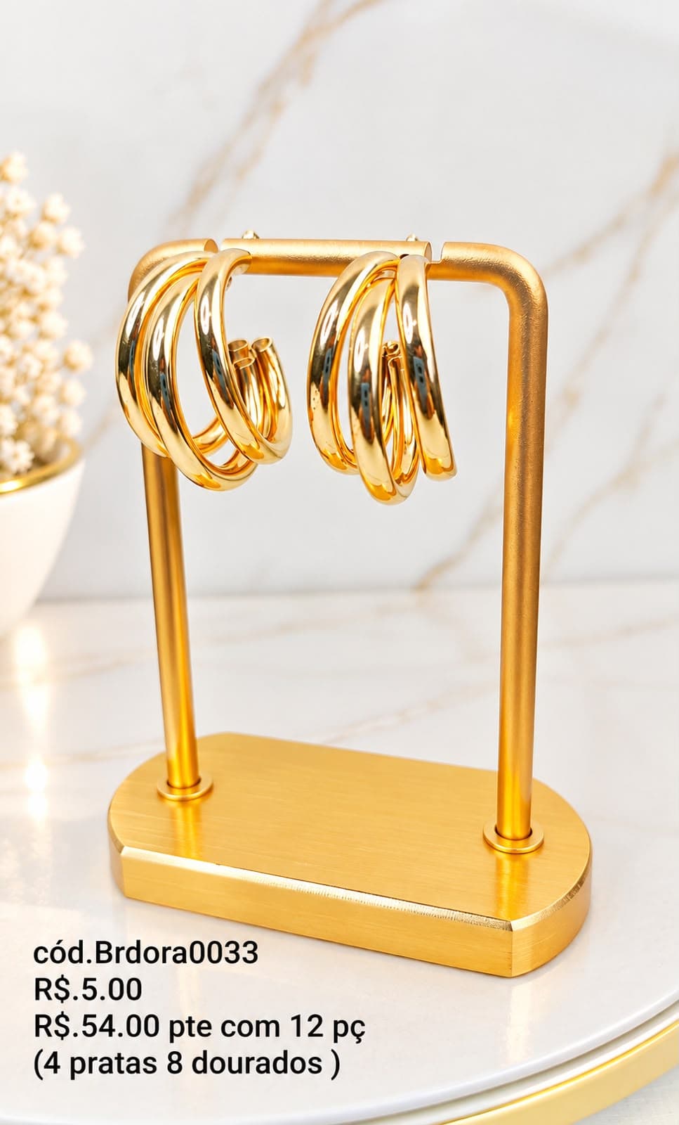 Pacote 12 un Brinco Argola Tripla Aros Grossos (Brdora0033) — 4 NA COR PRATA E 8 NA COR DOURADO