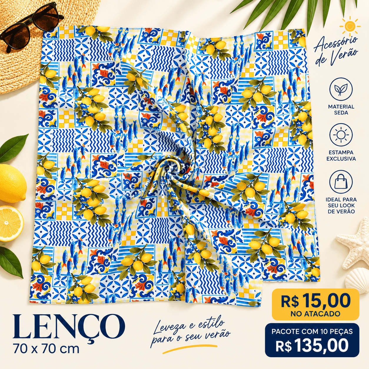 Lenço Seda Limões Sicilianos e Azulejos Azuis — Azul e amarelo