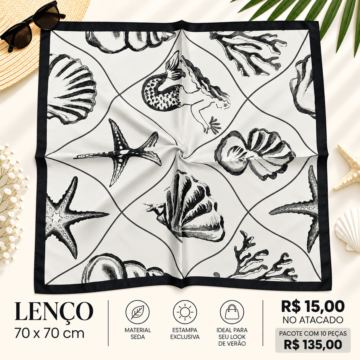 Lenço Seda Conchas e Sereia Preto e Branco — Preto e branco
