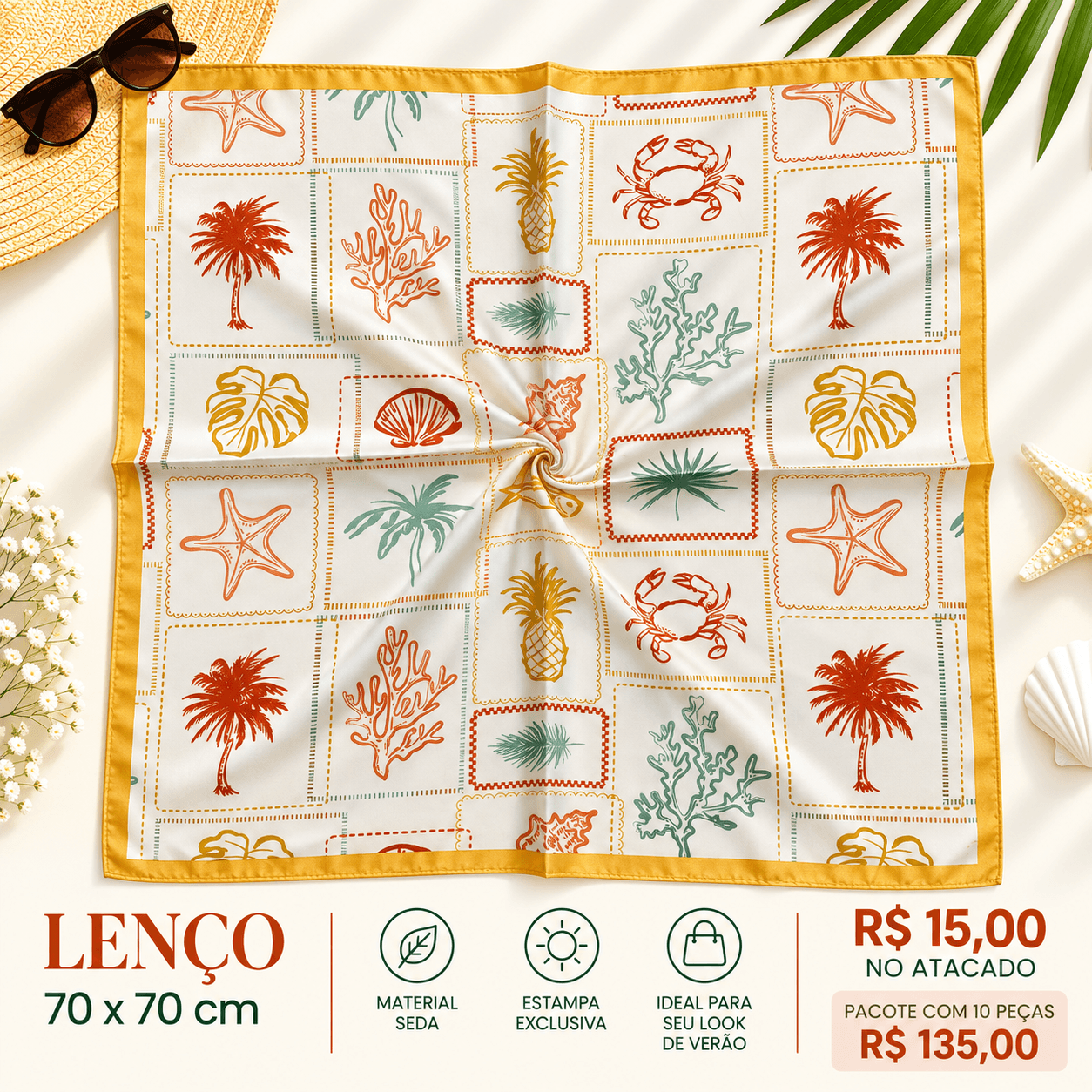 Pacote 10 un Lenço Seda Quadros Tropicais Branco e Amarelo — 10 UNIDADES DO MODELO MOSTRADO NA FOTO