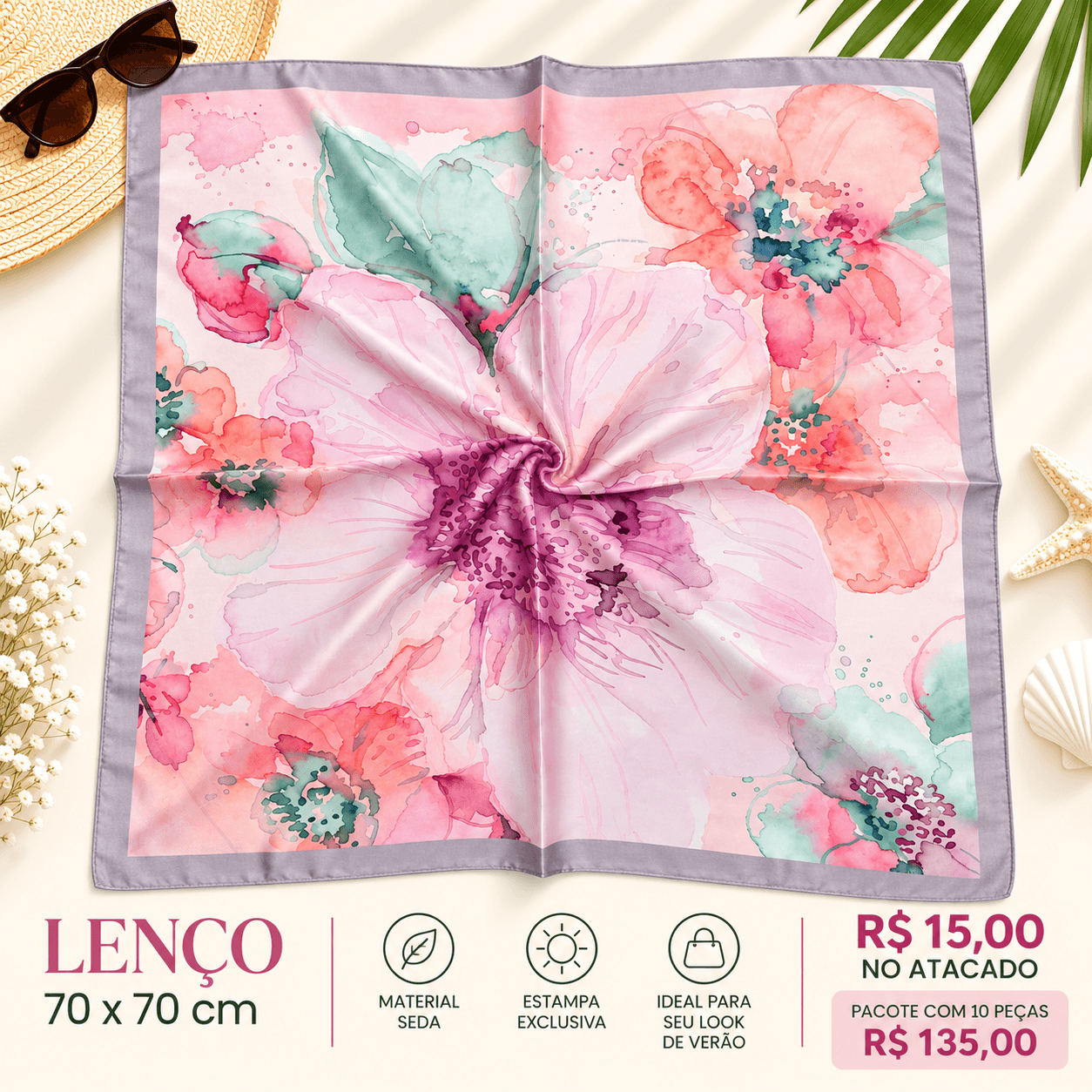 Lenço Seda Flores em Aquarela Rosa e Lilás — Rosa e lilás