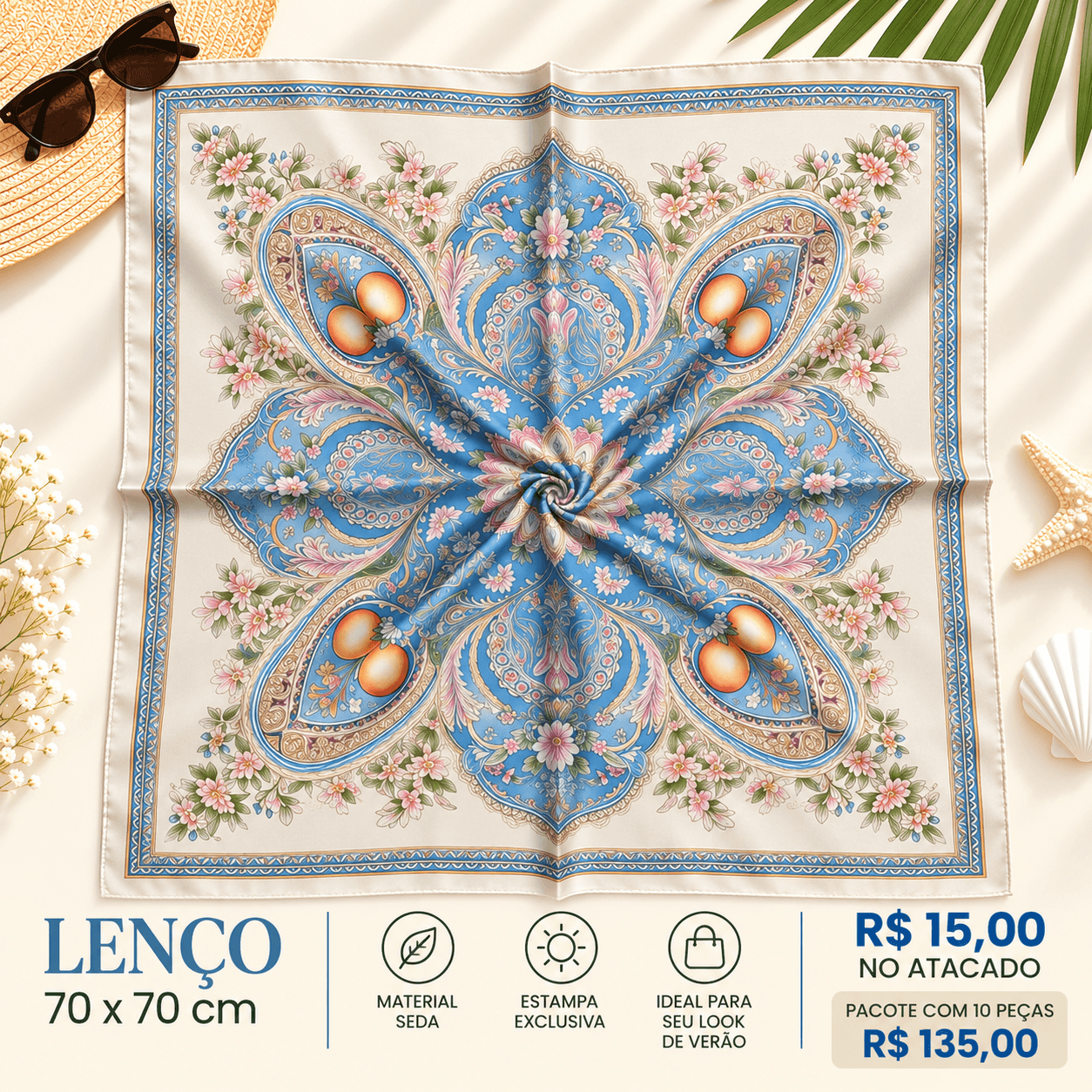 Pacote 10 un Lenço Seda Medalhão Paisley Azul e Creme — 10 UNIDADES DO MODELO MOSTRADO NA FOTO