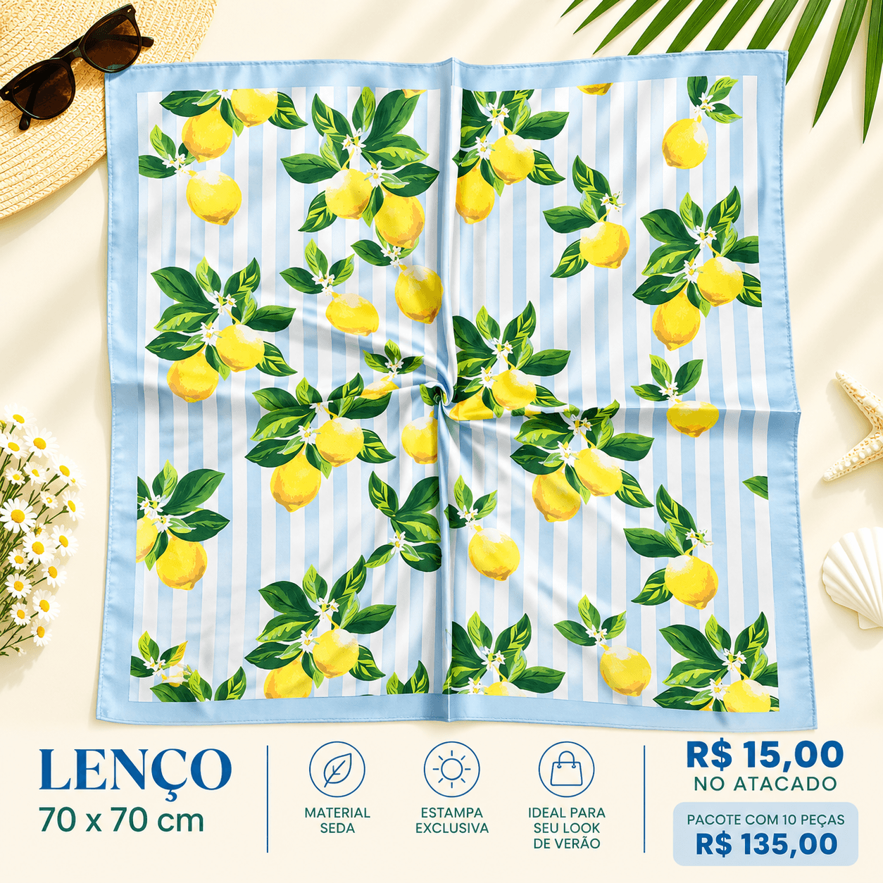 Lenço Seda Limões Sicilianos Listrado Azul-Claro — Azul-claro e amarelo