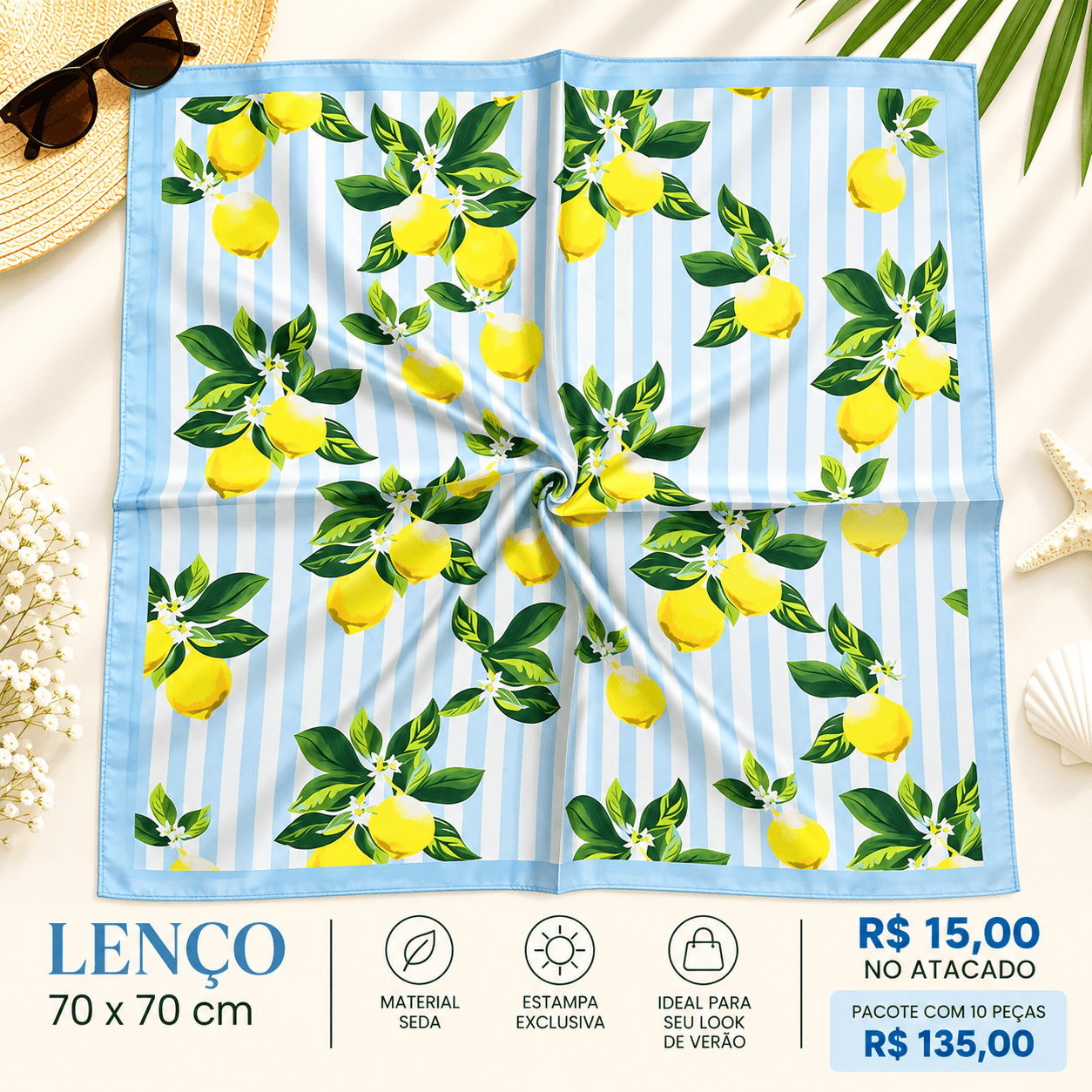 Lenço Seda Limões Sicilianos Listrado Azul-Claro
