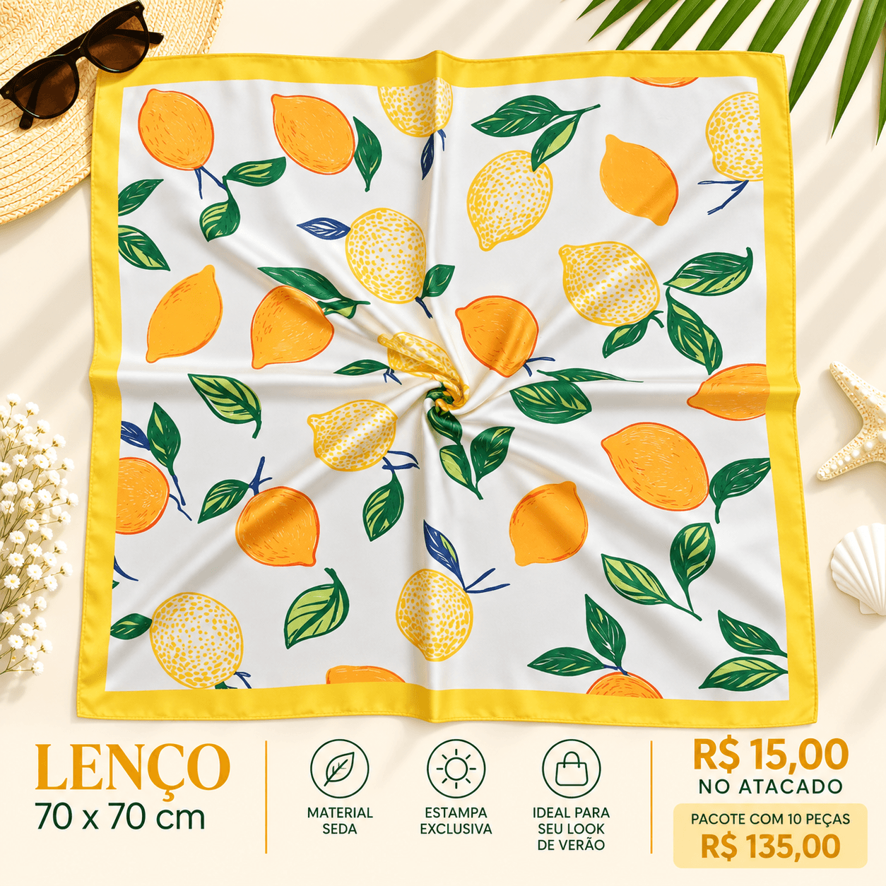 Pacote 10 un Lenço Seda Limões e Laranjas Amarelo — 10 UNIDADES DO MODELO MOSTRADO NA FOTO