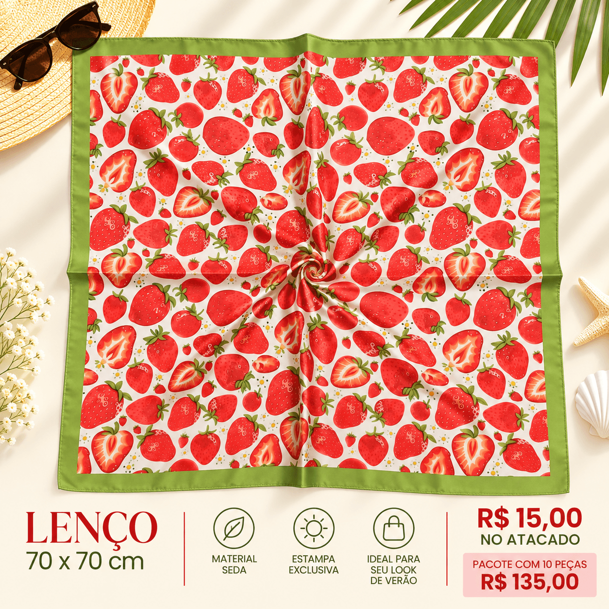 Lenço Seda Morangos Fundo Creme — Vermelho e verde