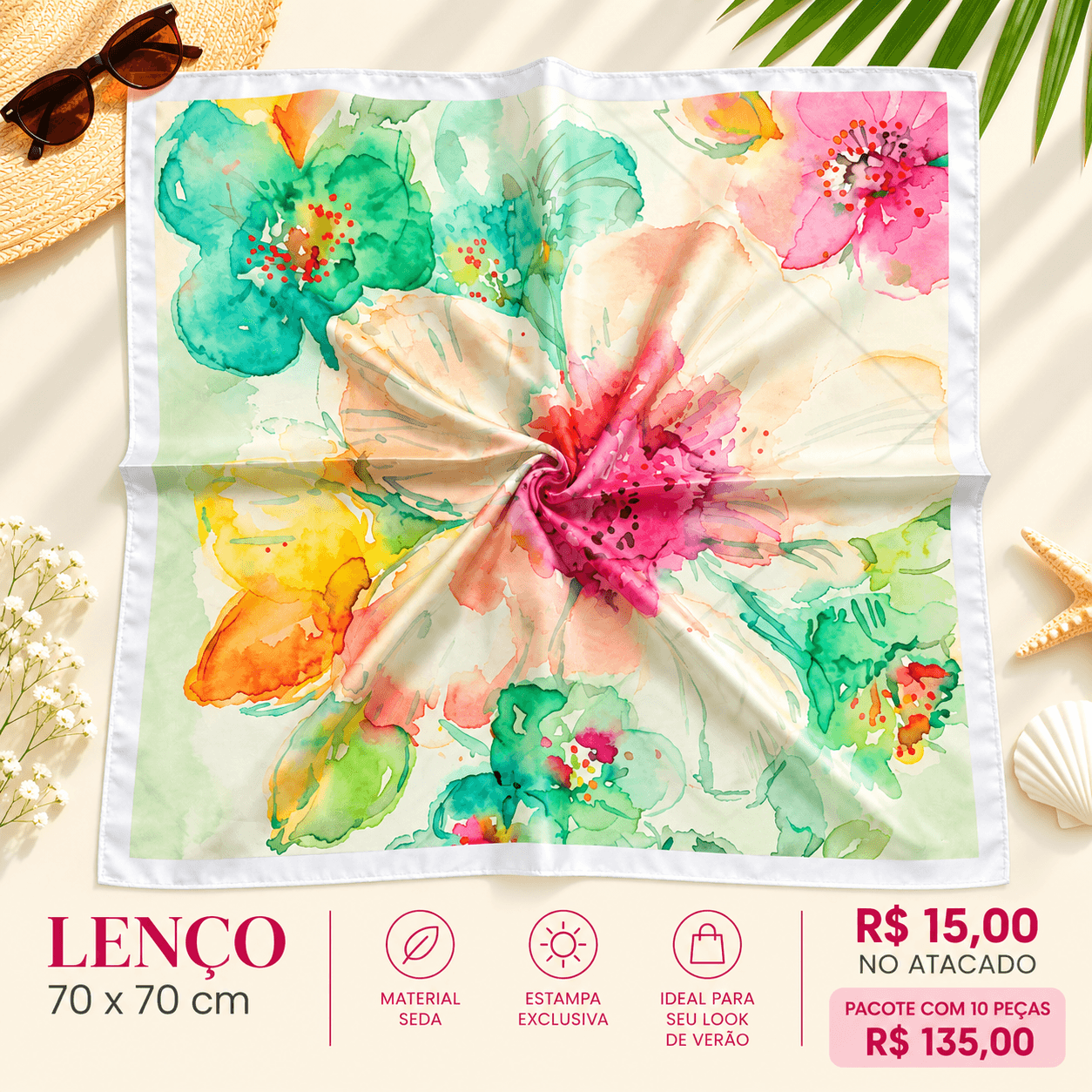 Pacote 10 un Lenço Seda Flores em Aquarela Verde e Rosa — 10 UNIDADES DO MODELO MOSTRADO NA FOTO