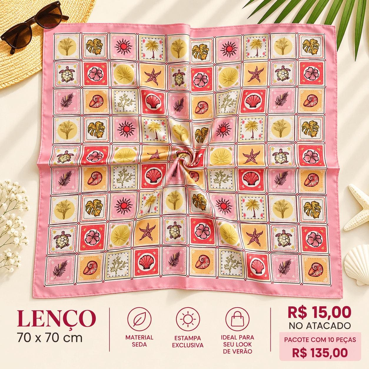 Pacote 10 un Lenço Seda Quadros Praianos Rosa e Amarelo — 10 UNIDADES DO MODELO MOSTRADO NA FOTO