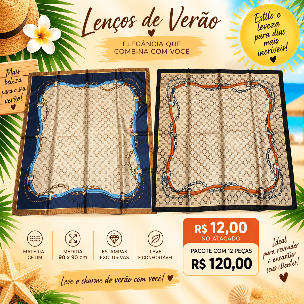 Pacote 12 un Lenço Cetim Monograma com Correntes e Cordas — 6 UNIDADES DE CADA UMA DAS 2 OPÇÕES MOSTRADAS NA FOTO