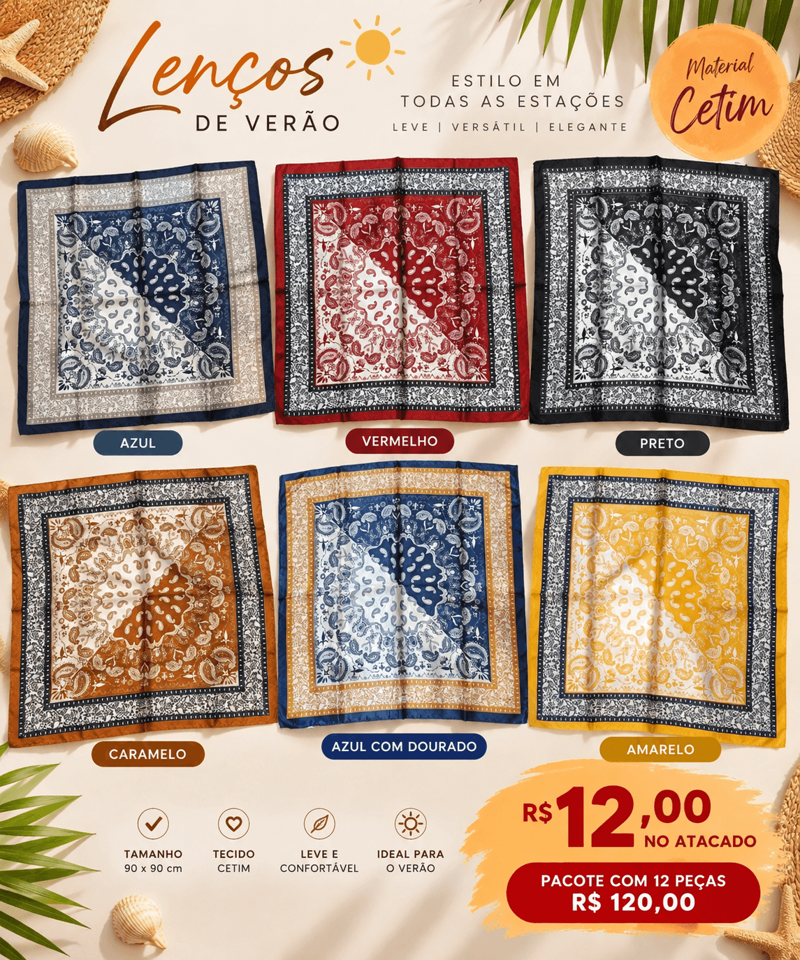 Pacote 12 un Lenço Cetim Paisley Bandana Diagonal — 2 UNIDADES DE CADA UMA DAS 6 OPÇÕES MOSTRADAS NA FOTO