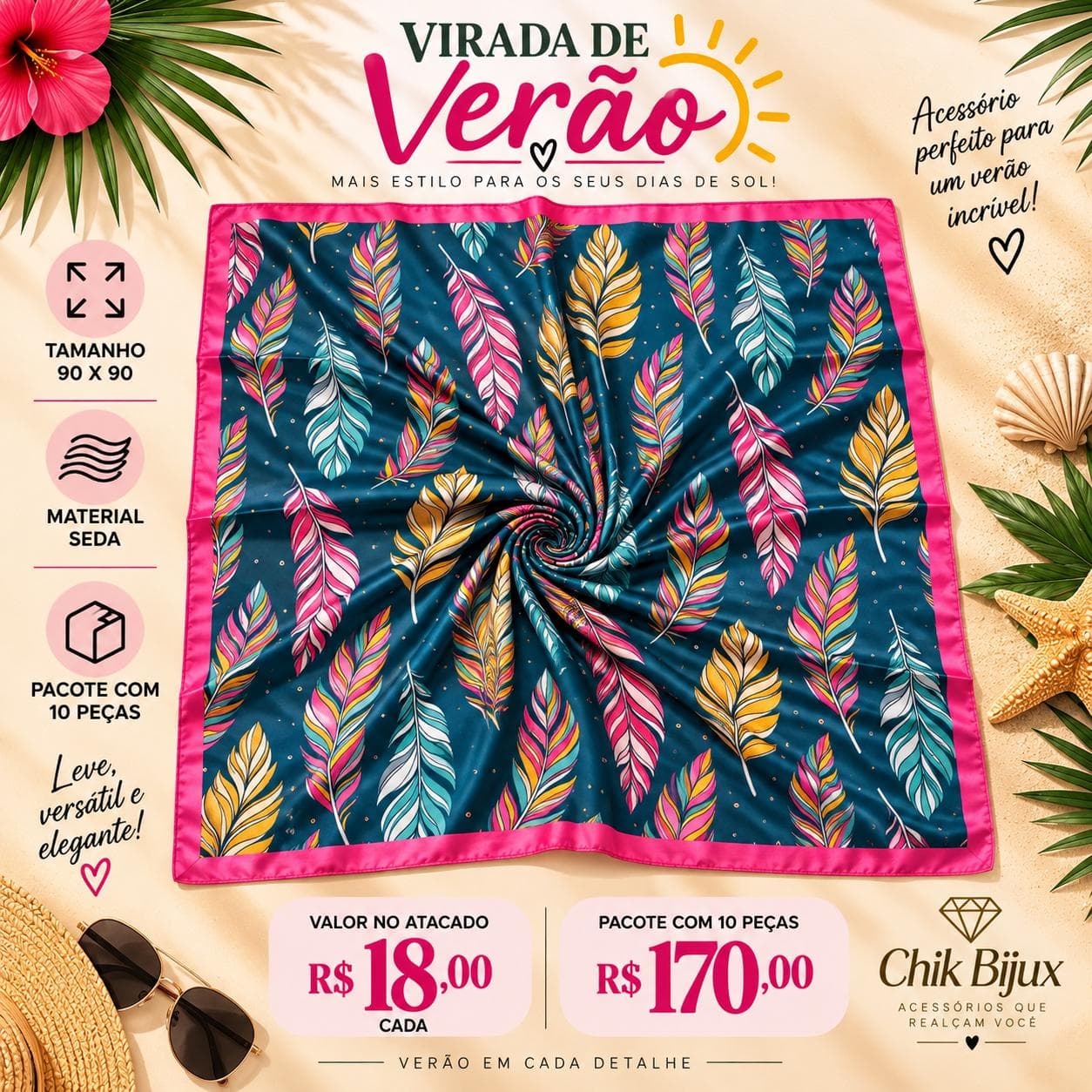 Pacote 10 un Lenço Seda Penas Coloridas Azul Petróleo — 10 UNIDADES DO MODELO MOSTRADO NA FOTO
