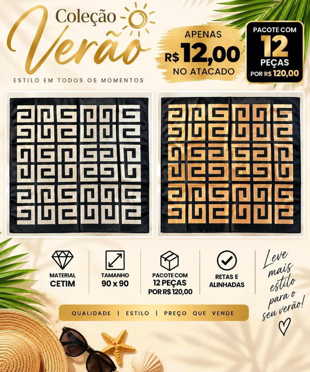 Lenço Cetim Greca — Preto e bege