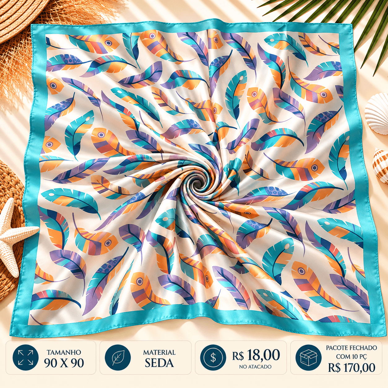 Lenço Seda Penas Coloridas Borda Turquesa — Turquesa e multicolor
