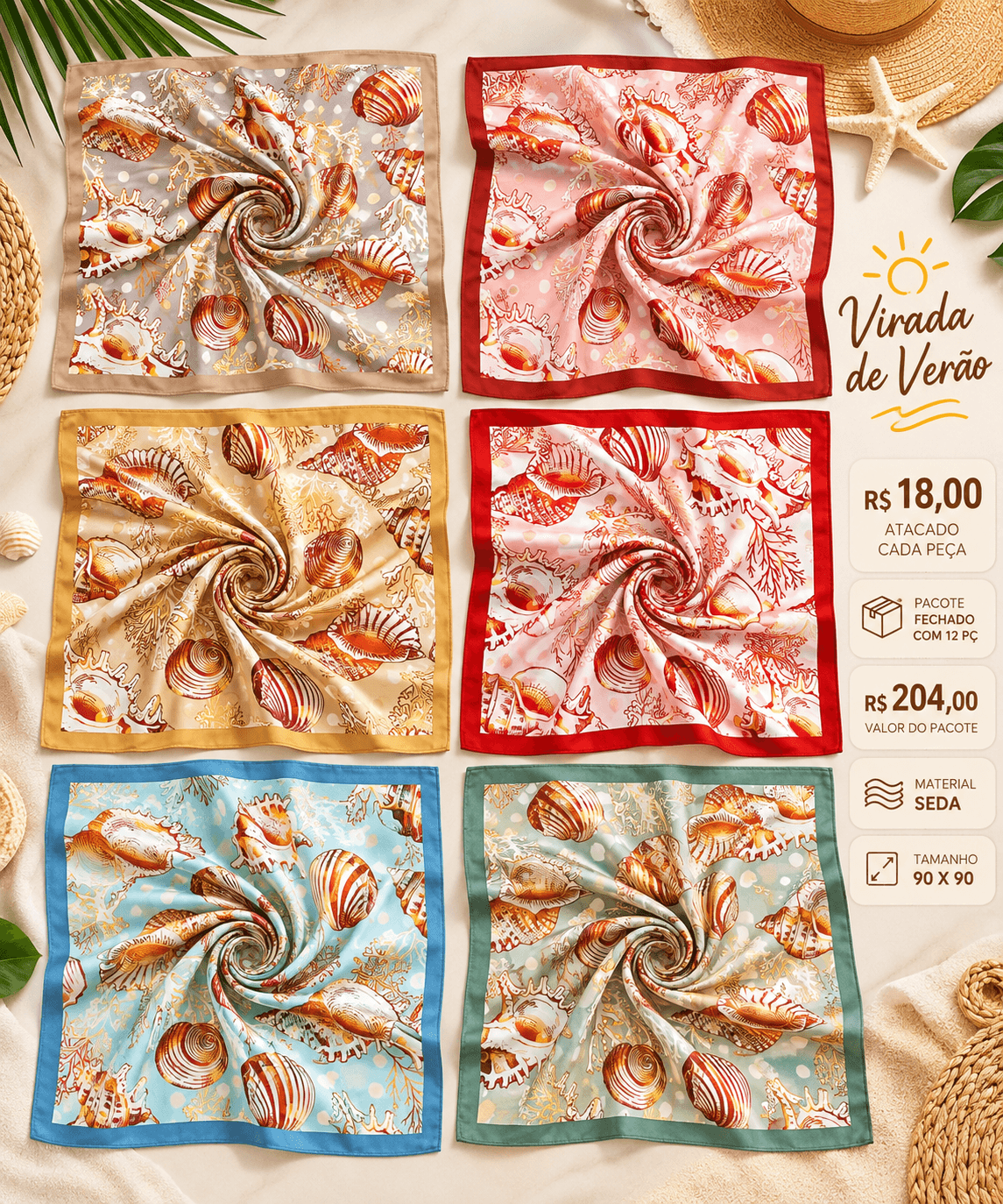 Pacote 12 un Lenço Seda Conchas em Aquarela — 2 UNIDADES DE CADA UMA DAS 6 OPÇÕES MOSTRADAS NA FOTO