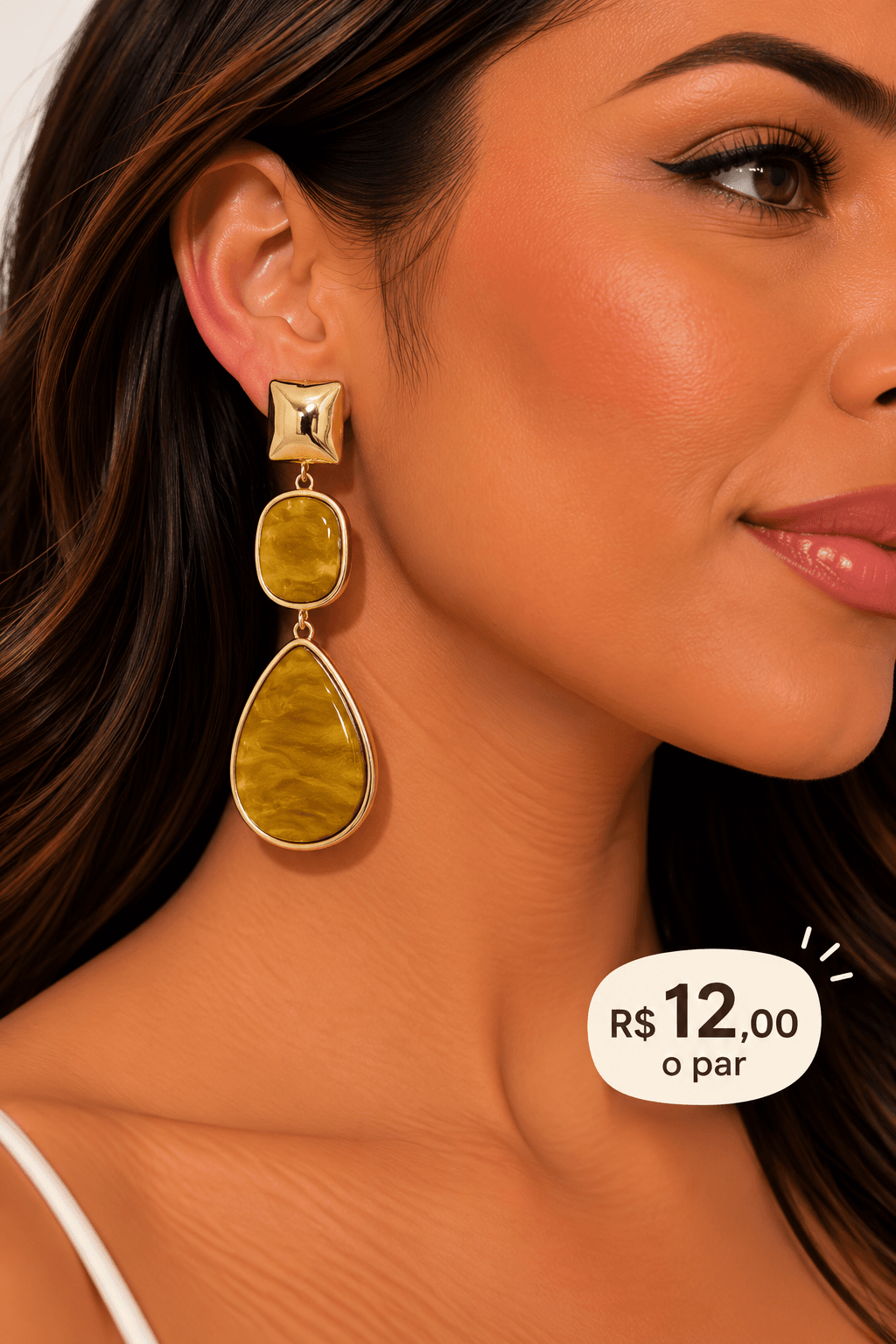 Brinco Resina Gota com Pino Quadrado Martelado — Mostarda