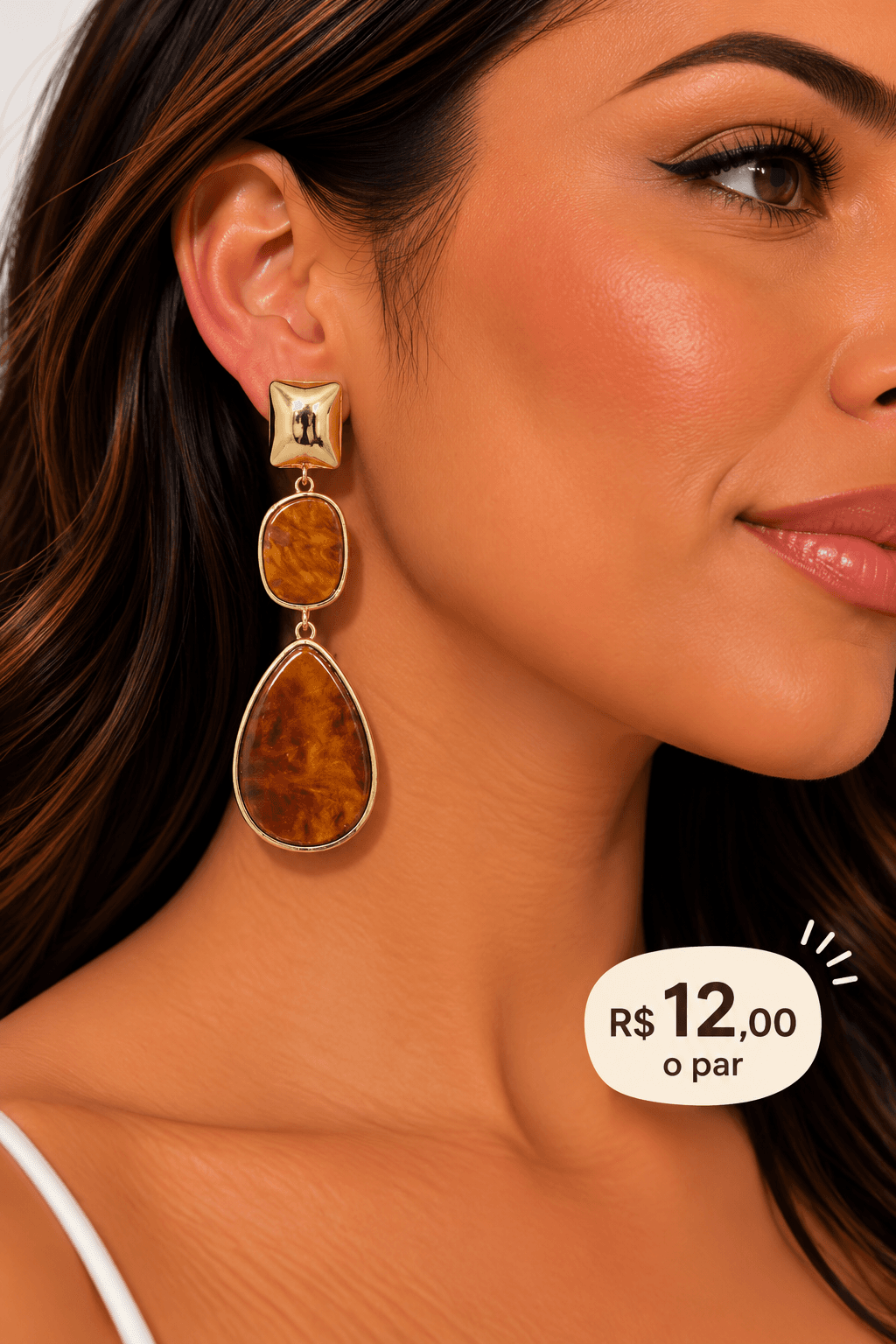 Brinco Resina Gota com Pino Quadrado Martelado — Caramelo tartaruga