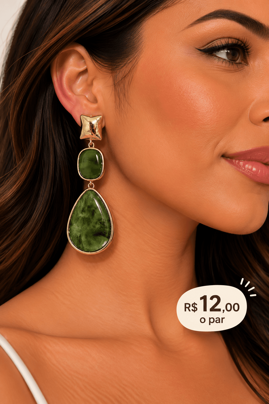 Brinco Resina Gota com Pino Quadrado Martelado — Verde oliva marmorizado