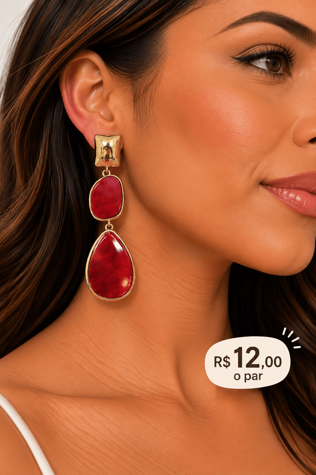 Brinco Resina Gota com Pino Quadrado Martelado — Vermelho