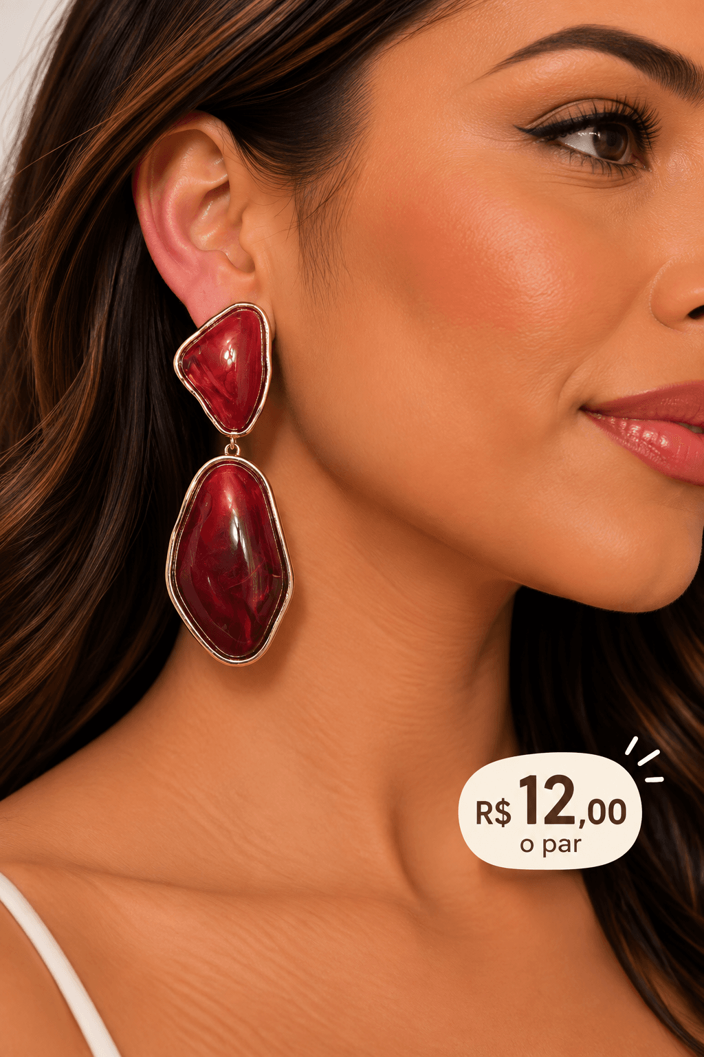 Brinco Resina Duas Peças Irregulares — Vermelho bordô marmorizado