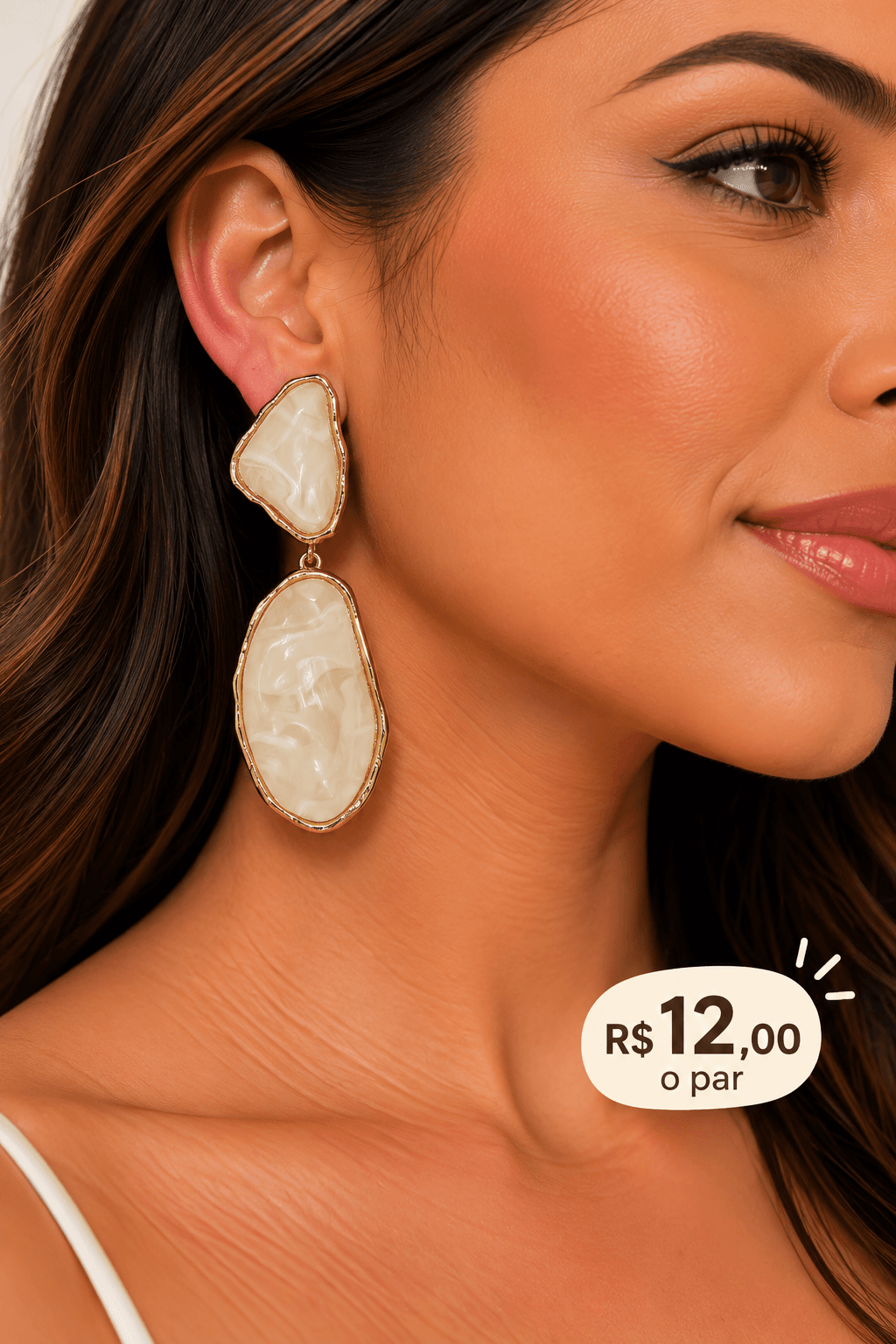 Brinco Resina Duas Peças Irregulares — Off-white marmorizado
