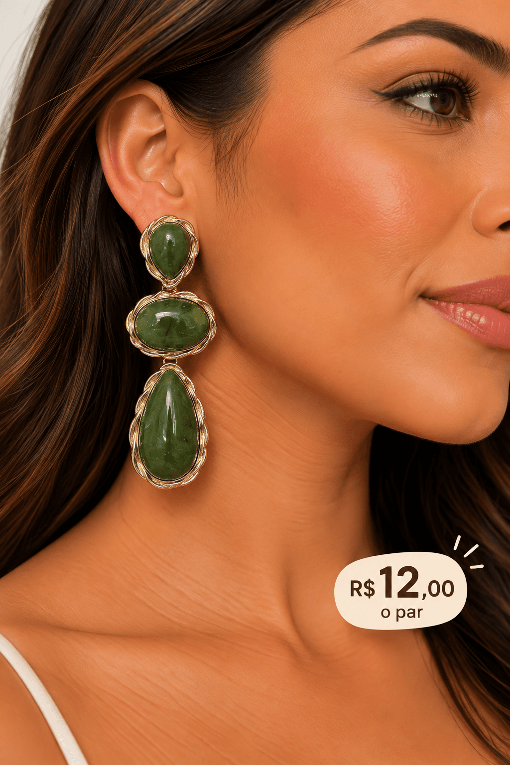 Brinco Resina Gota Tripla Moldura Torcida — Verde oliva