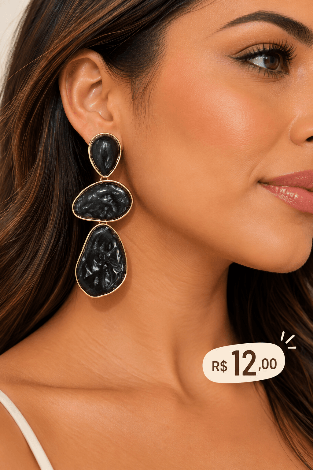 Brinco Resina Gota Tripla Irregular — Preto marmorizado