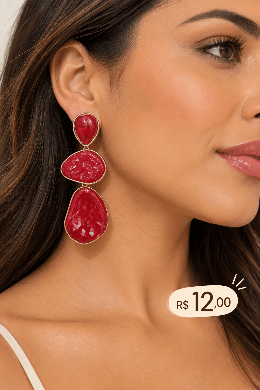 Brinco Resina Três Peças Texturizadas — Vermelho
