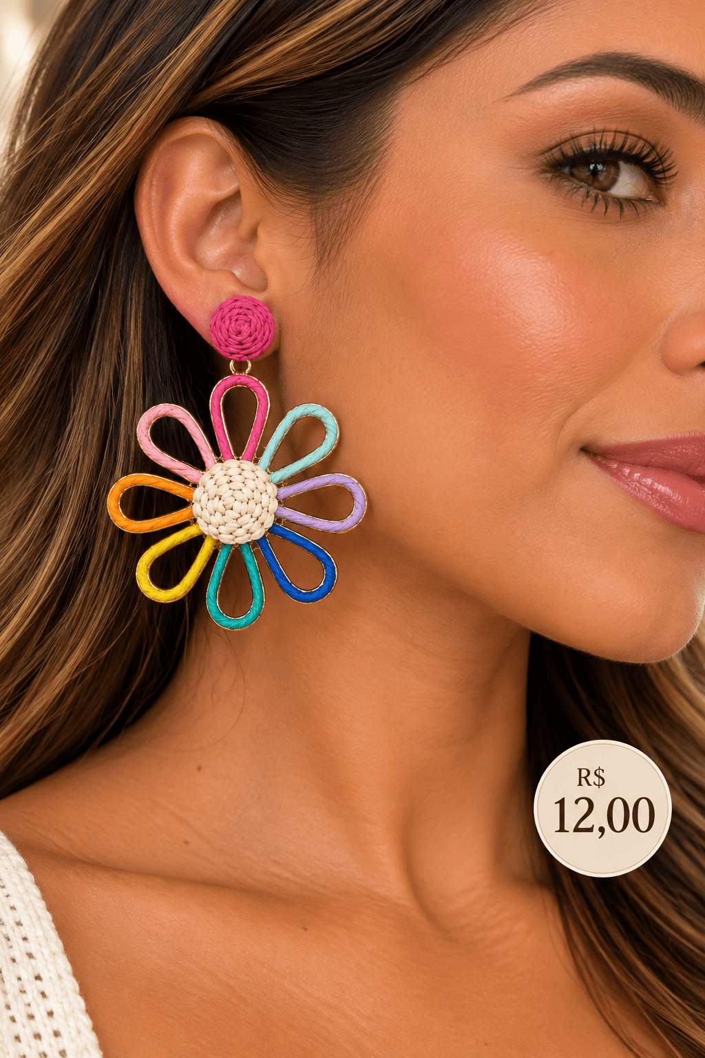 Brinco Fibra Flor Vazada Oito Pétalas — Multicolorido (arco-íris) com miolo creme