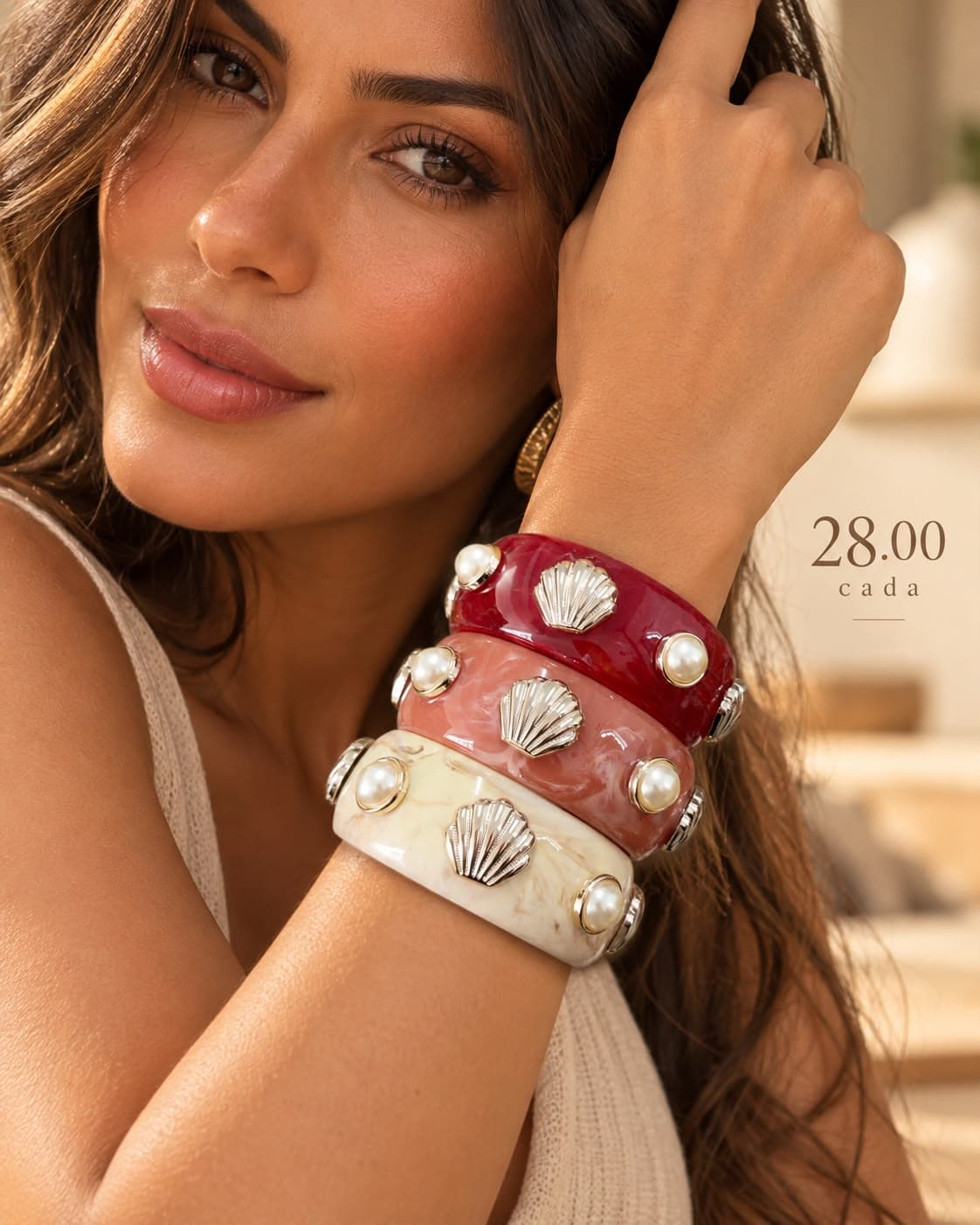 Bracelete Resina Conchas Metálicas e Pérolas — Vinho, rosa, off-white marmorizado