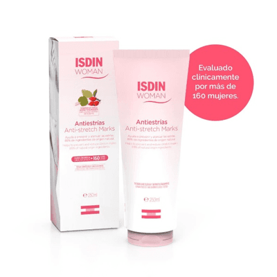 ISDIN Woman Antiestrías es una crema corporal de rápida absorción diseñada para prevenir y atenuar las estrías.