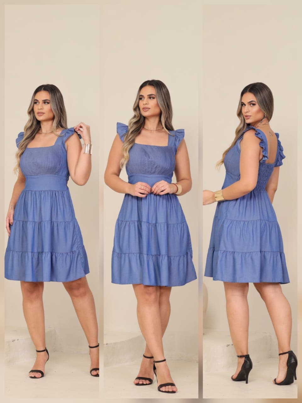 Vestido sanfona curto chambray — M