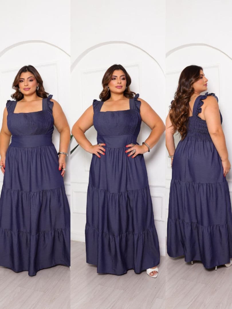 Vestido sanfona longo M ao G3 chambray — M