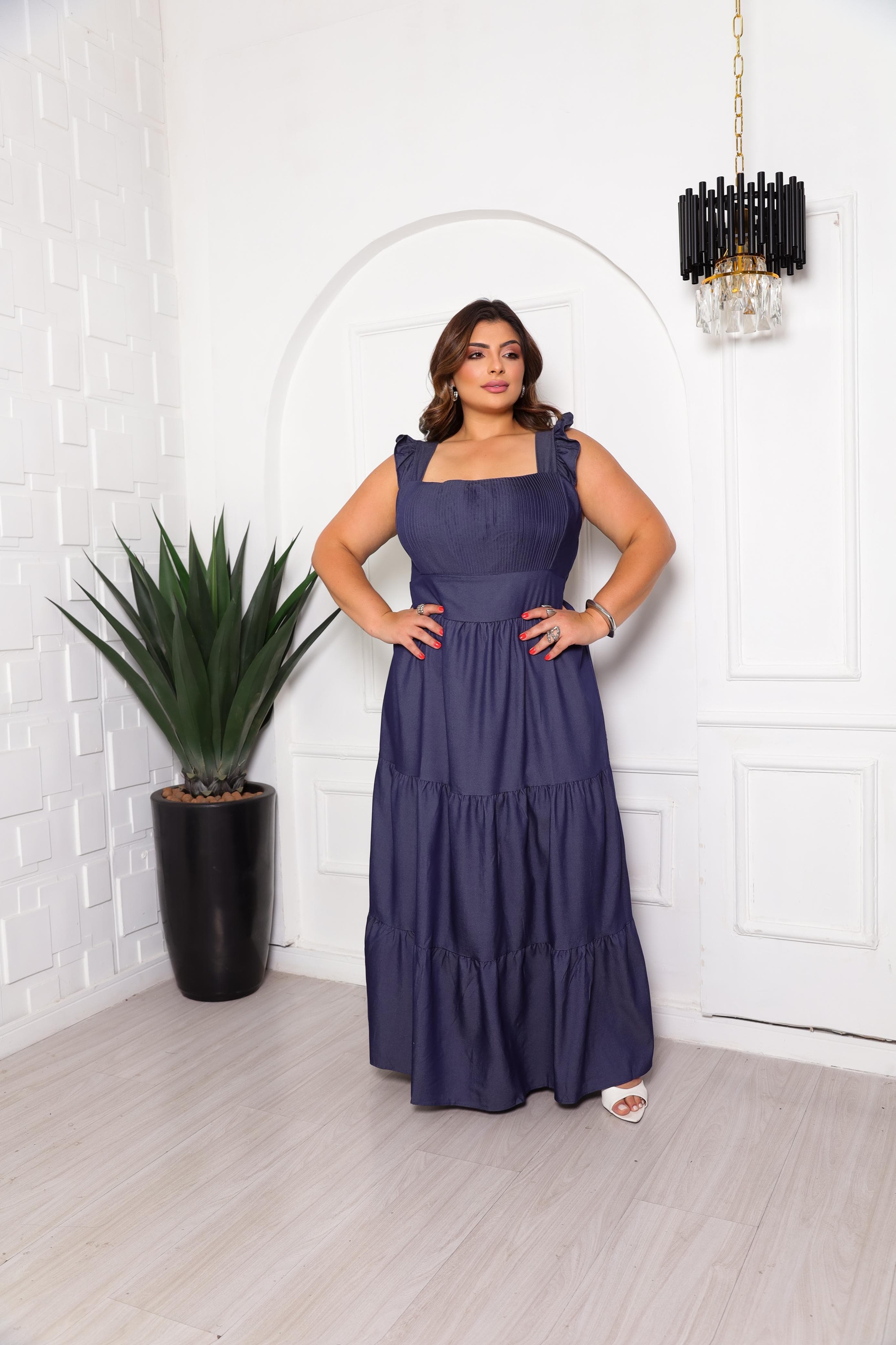 Vestido sanfona longo M ao G3 chambray