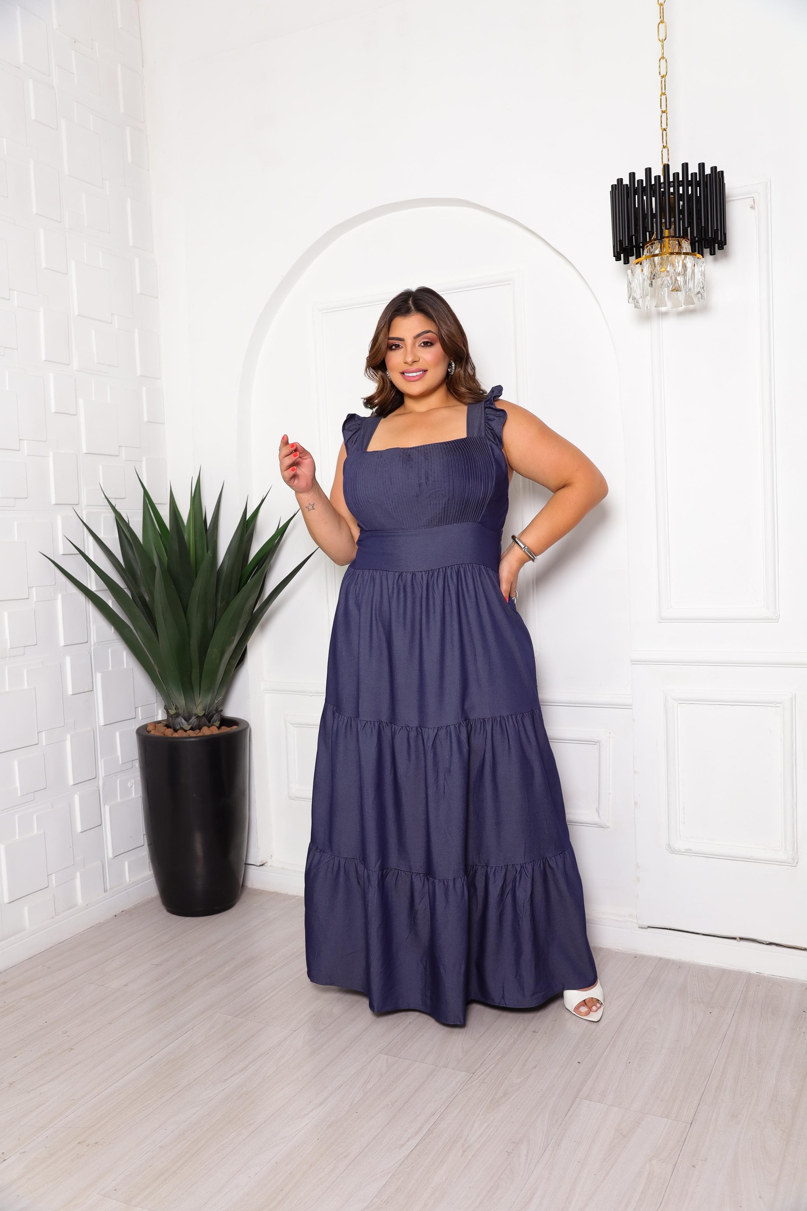 Vestido sanfona longo M ao G3 chambray
