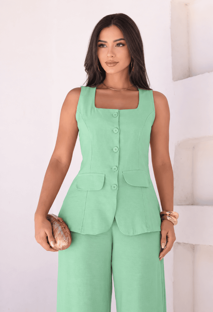 conjunto de pantalona e colete decote quadrado — VERDE-CLARO - M