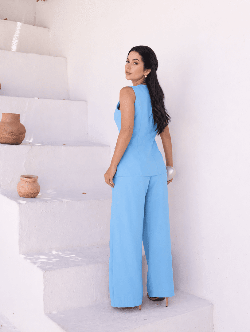 conjunto de pantalona e colete decote quadrado — AZUL - M