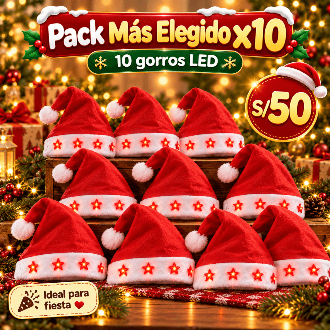 Gorros Navideños con Luces LED / Packs x5, x10 y x15 — PACK FIESTA X10
