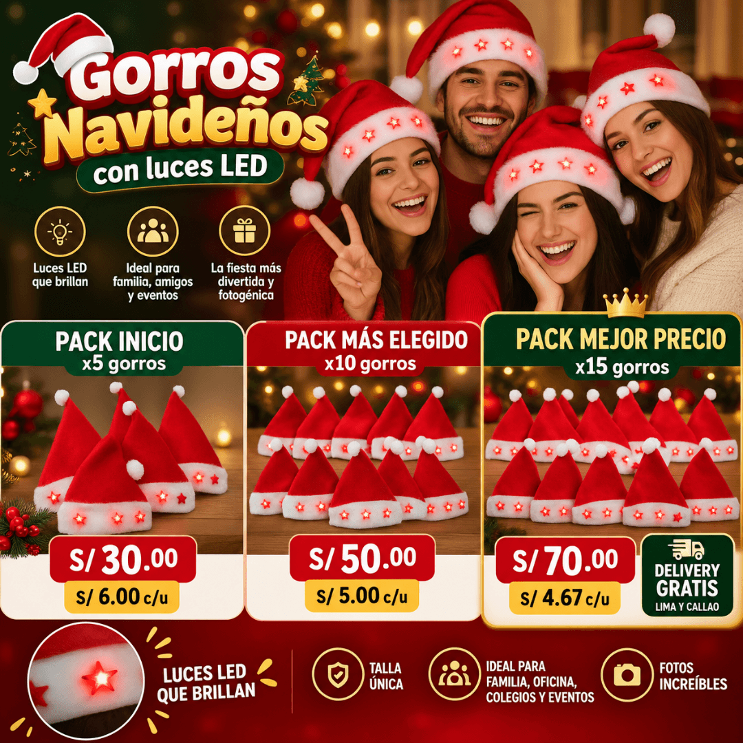 Gorros Navideños con Luces LED / Packs x5, x10 y x15