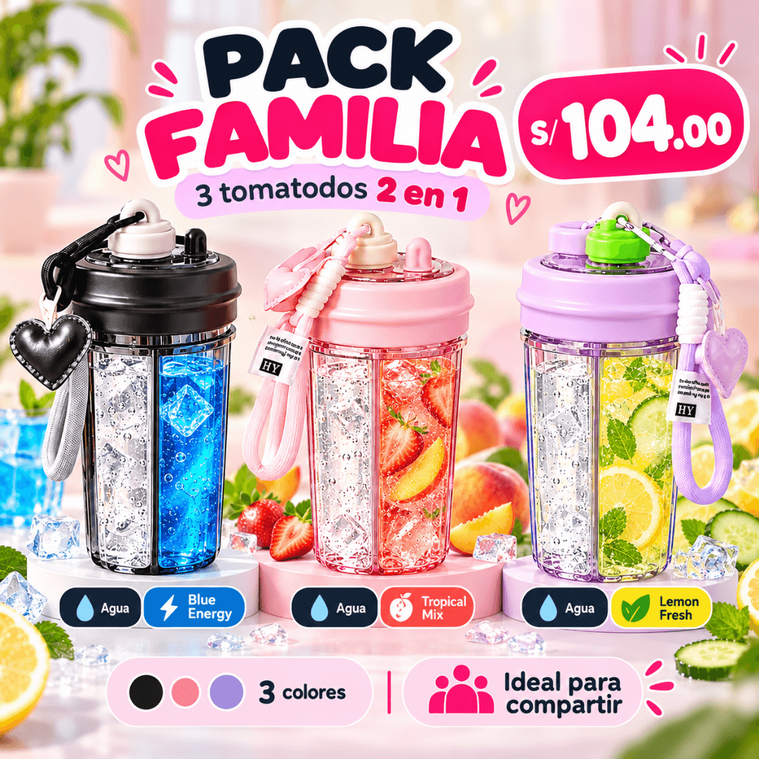Tomatodo 2 en 1 / Lleva 2 bebidas en un solo vaso (830 ml) — PACK FAMILIA X3 · NEGRO+ ROSADO + LILA