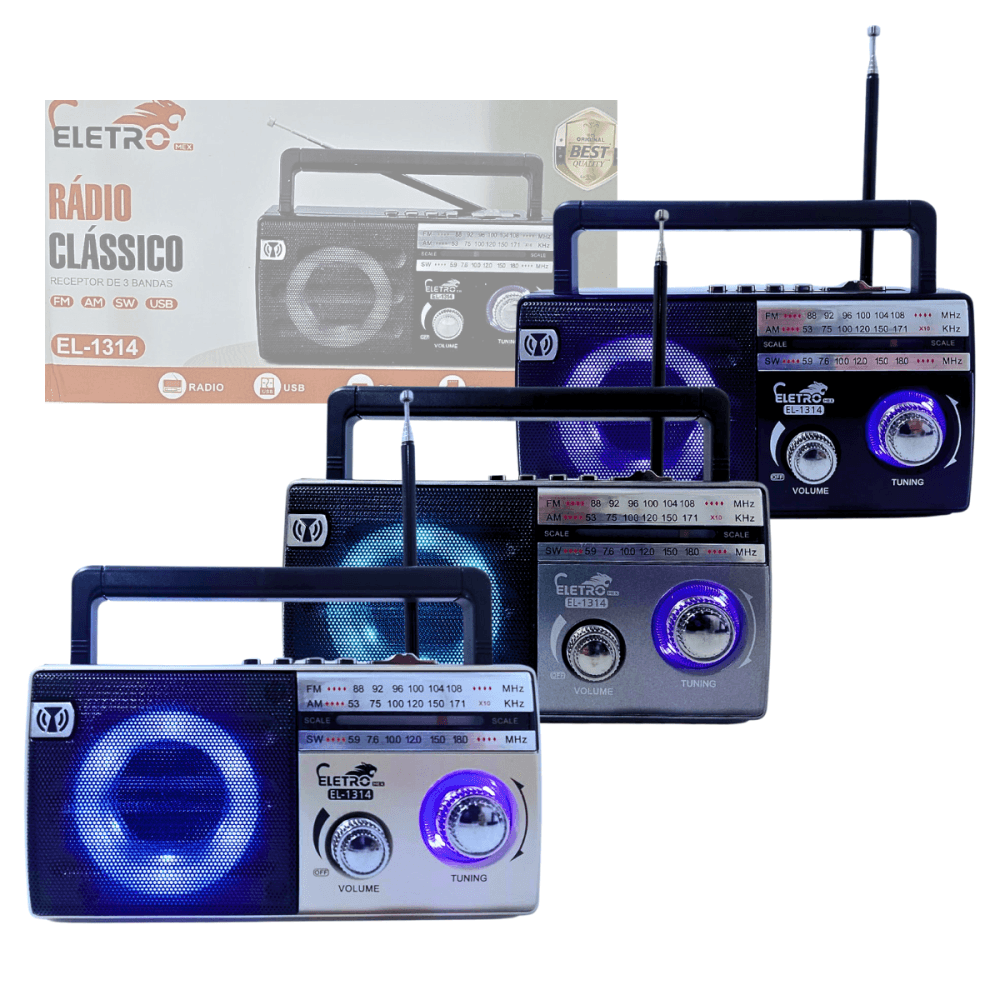 Rádio Retro Bluetooth 5 3 LED RGB Antena AM FM EL-1314