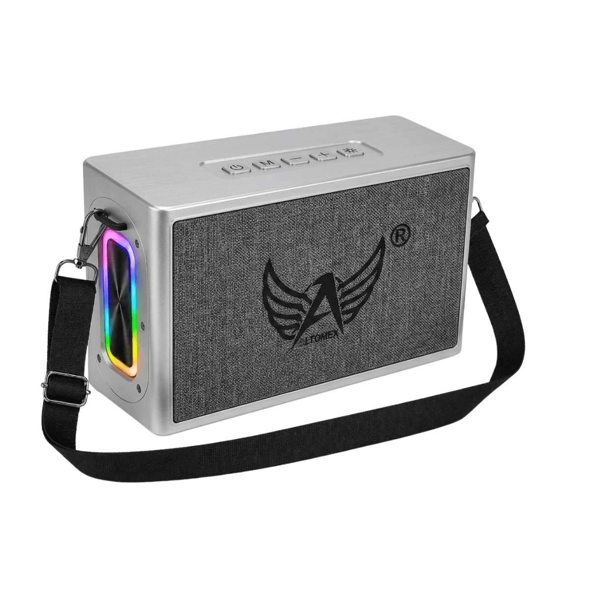 Caixa som bluetooth 120w premium led rgb alça al-8303 — prata com detalhe grafite