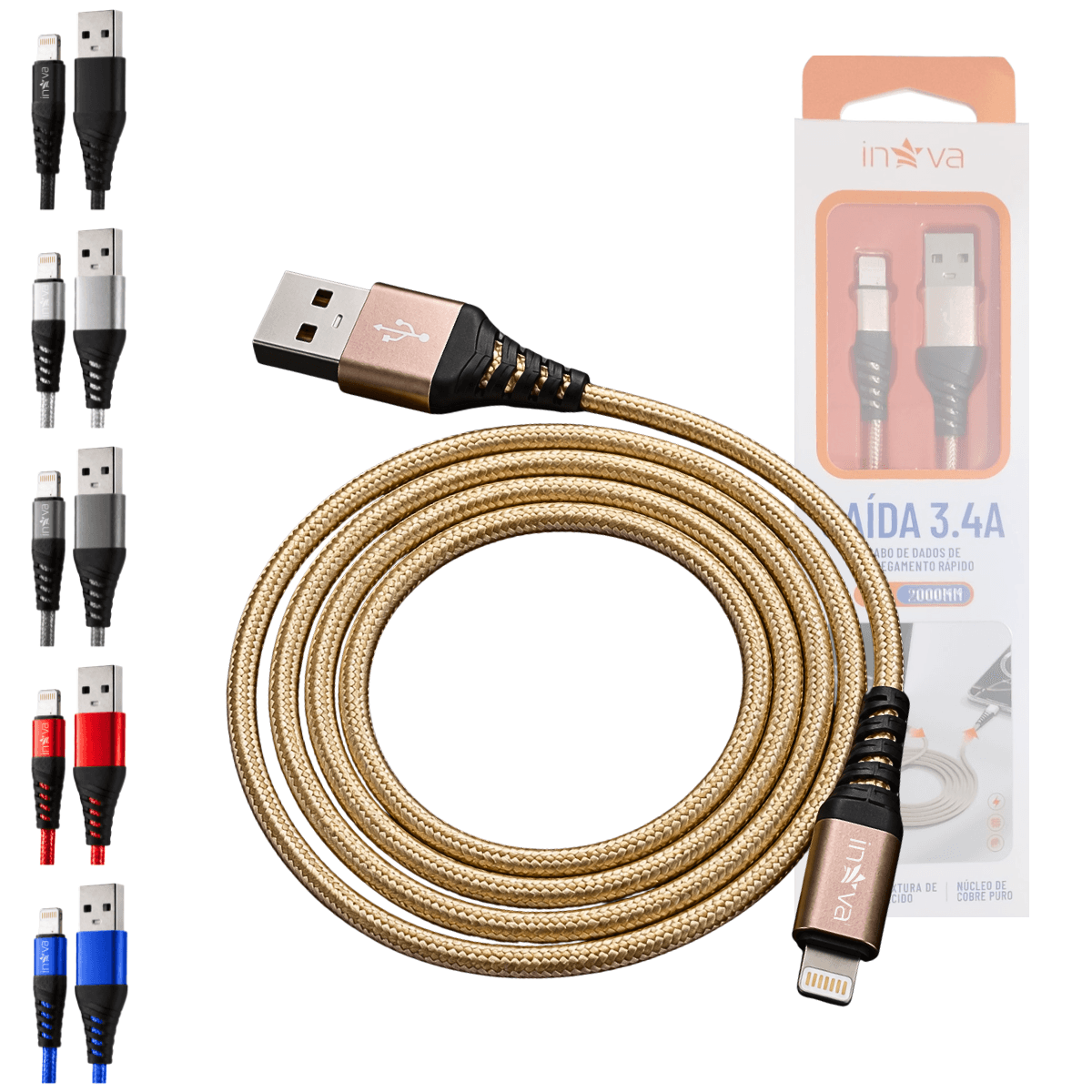Cabo dados 3 4a usb lightning revestimento nylon kv-6012 — default
