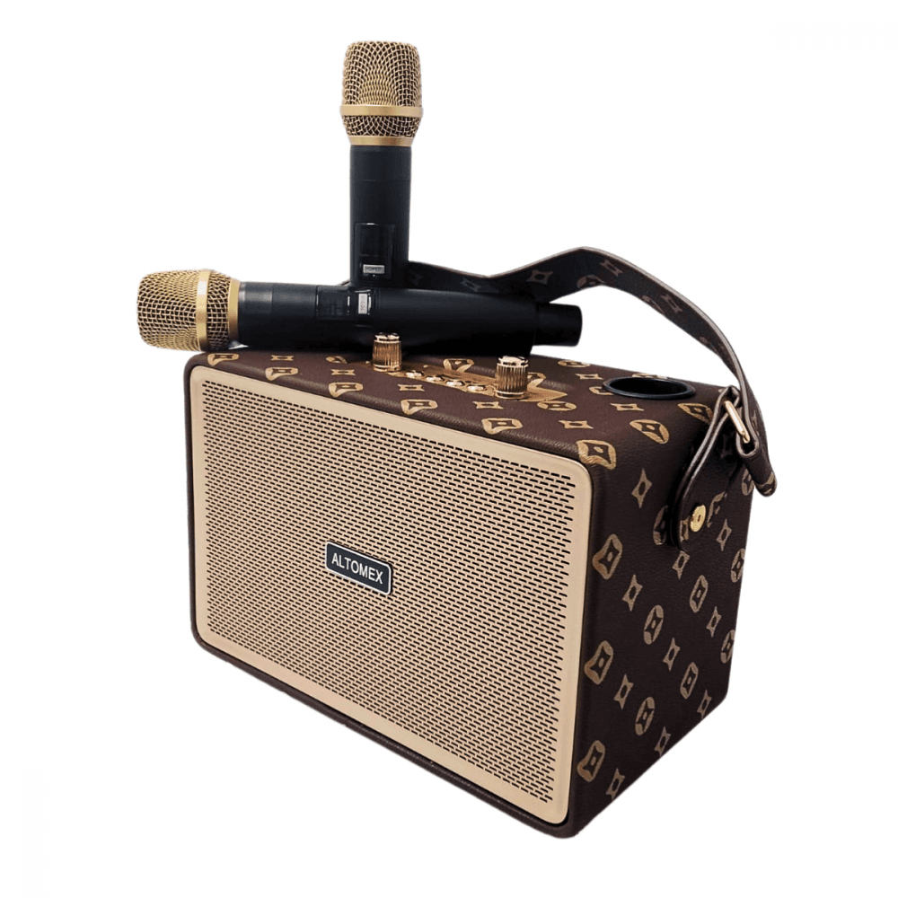 Caixa Som Karaokê sem fio Bluetooth 02 Microfones AM-8510 — Marrom
