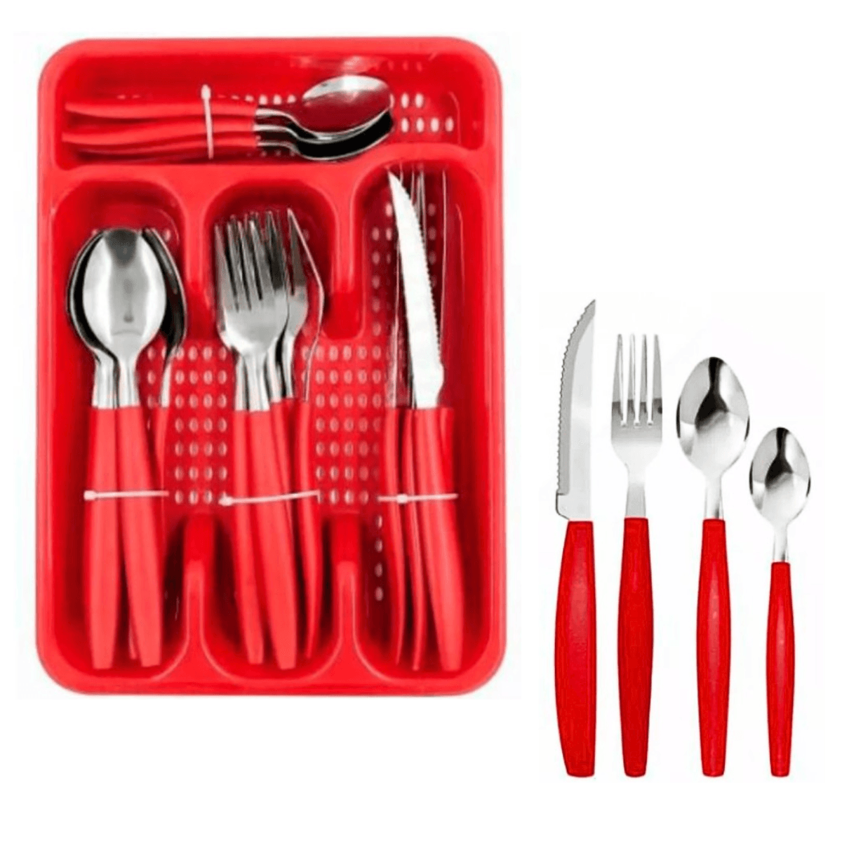 Conjunto Talheres Faqueiro Bandeja 24 Pçs Aço AL-1747 — Vermelho