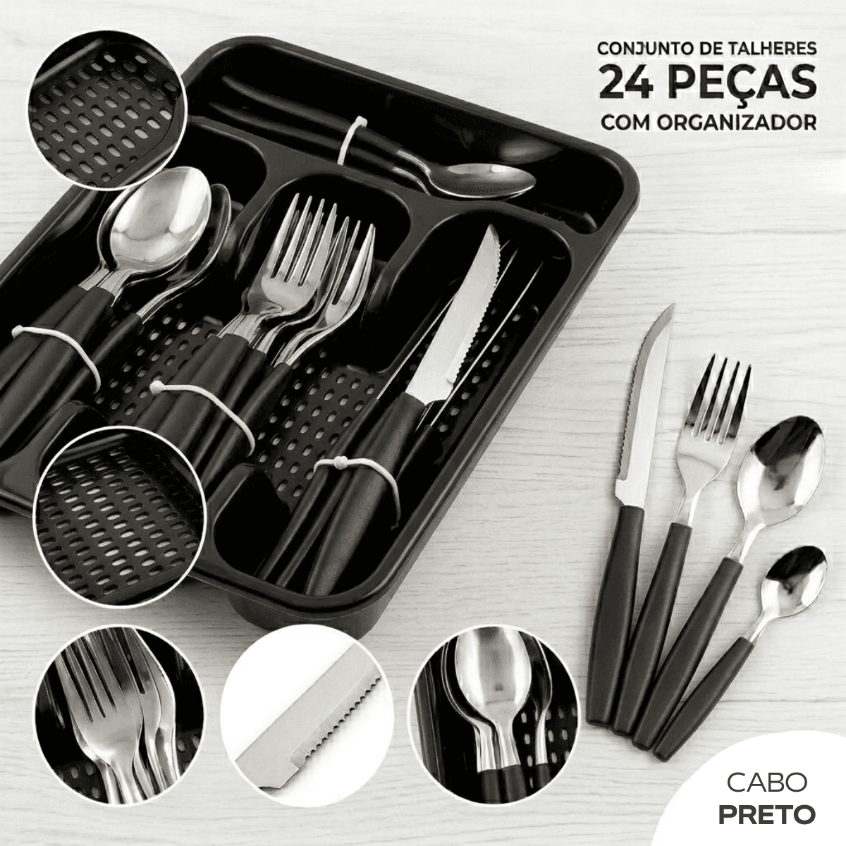 Conjunto Talheres Faqueiro Bandeja 24 Pçs Aço AL-1747