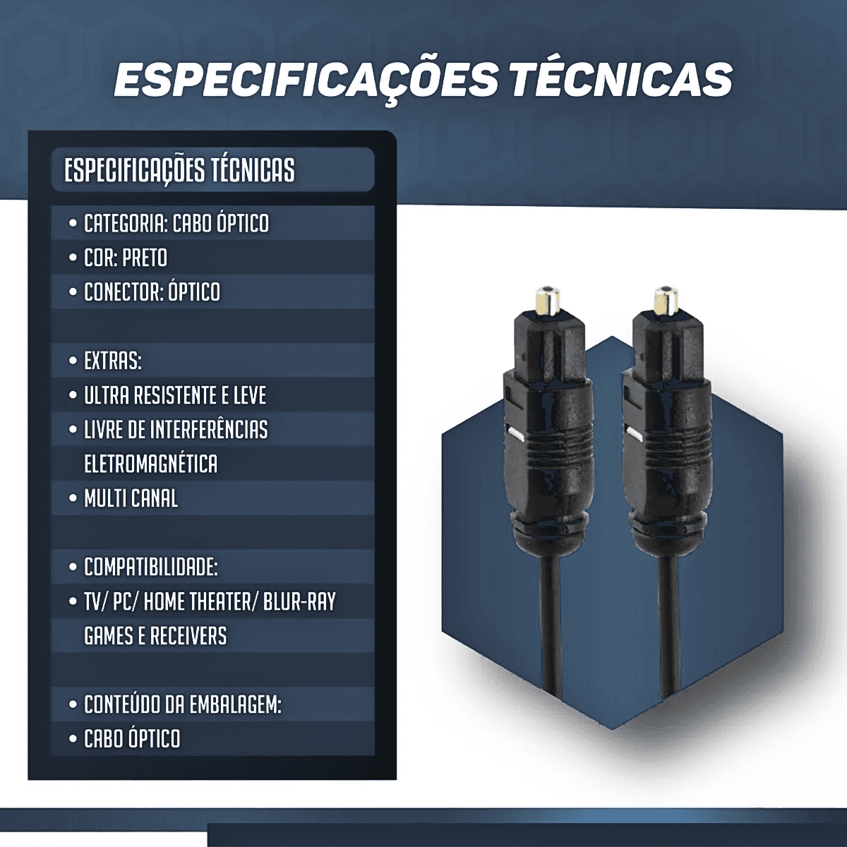 Cabo Áudio Óptico Digital Toslink 2 Metros KAP-C039
