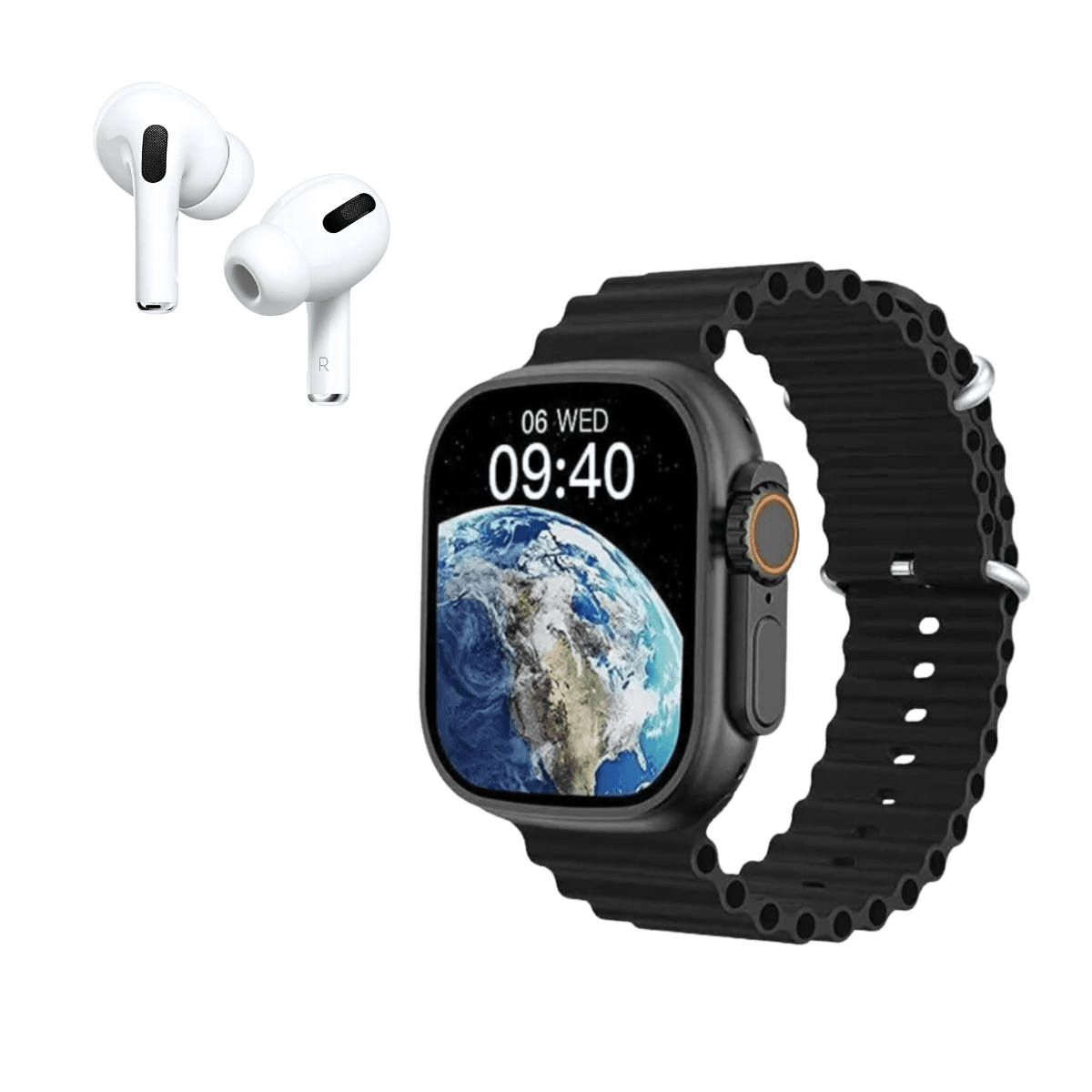 KIT Smartwatch 49mm Fone Ouvido Fonte WFFCC-12756Ondulada — Preto (Pulseira ondulada Preta)