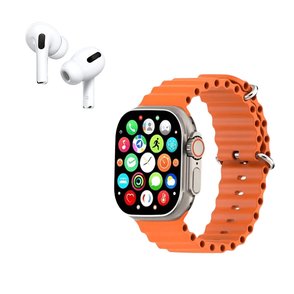KIT Smartwatch 49mm Fone Ouvido Fonte WFFCC-12756Ondulada — -Prata (Pulseira ondulada Laranja)