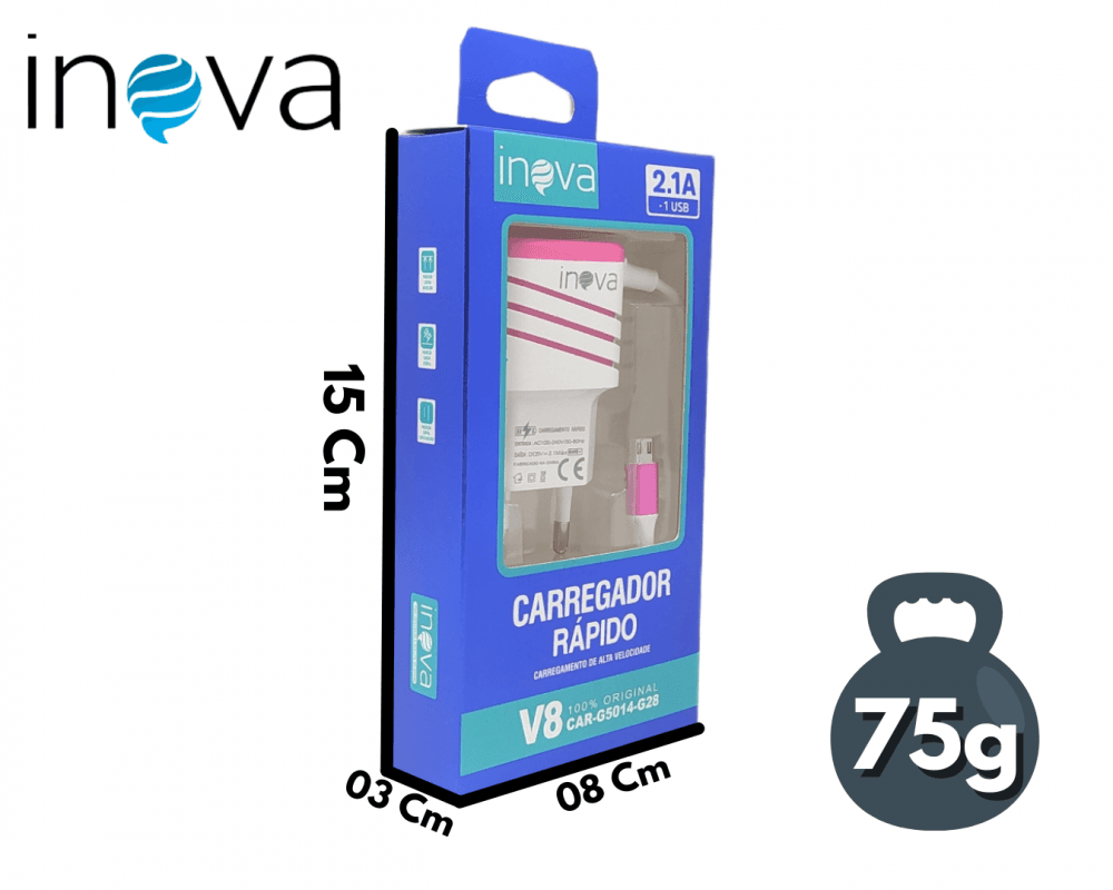 Carregador Completo Fio 2 1A Tipo V8 01 porta CAR-G5014-G28