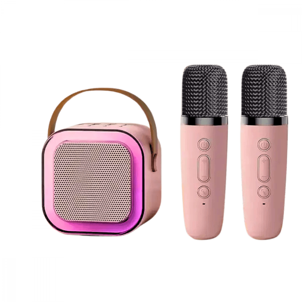 Caixa Som Bluetooth Karaokê Portátil LED 02 Microfones K12-2 — Rosa